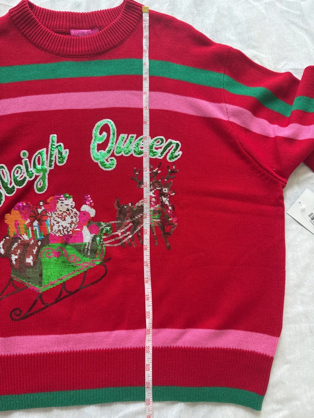 QUEEN OF SPARKLES NWT Red Green Pink Striped Sequin 'Sleigh Queen' Sweater S